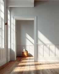 Sunlit hallway with wood floors and white trim details
