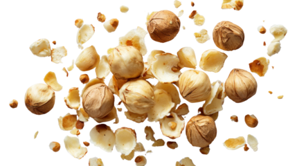 Hazelnut Explosion: Captivating overhead shot, a dynamic spread of shelled hazelnuts and fragments dance against the unseen background. The composition, fresh and inviting, embodies culinary delight.