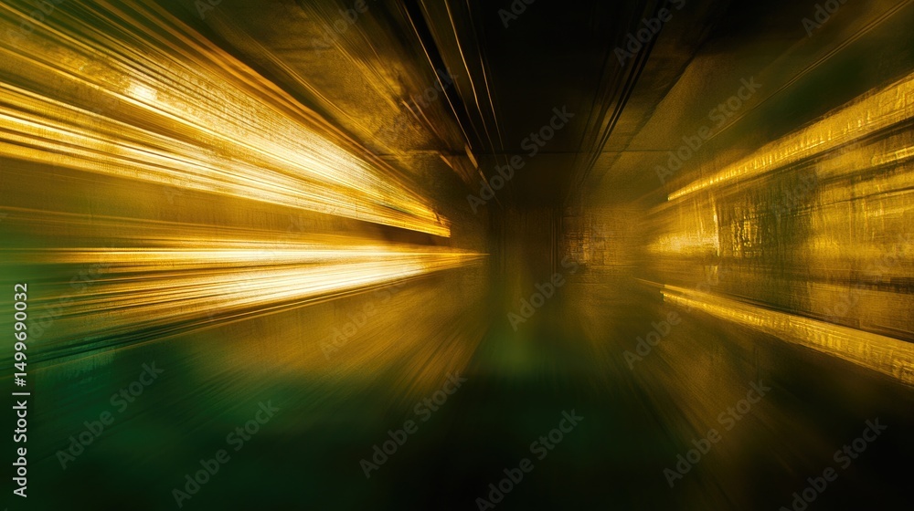 Poster abstract gold and green light streaks converging in a dark tunnel, creating a dynamic, high-speed mo