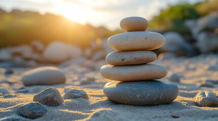Serene sunset beach scene featuring a balanced stack of smooth stones, symbolizing peace, tranquility, and mindfulness.
