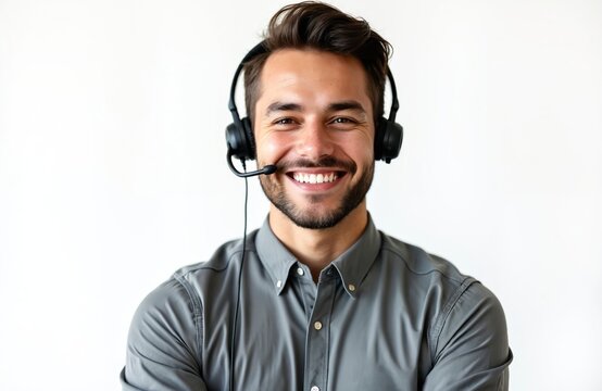 Smiling young man with microphone headset on white background. Friendly customer support representative call center agent wears headphones. Happy businessman, advisor, telemarketer works in office.