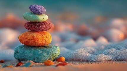 Colorful stacked stones on a sandy beach with gentle waves in the background at sunset