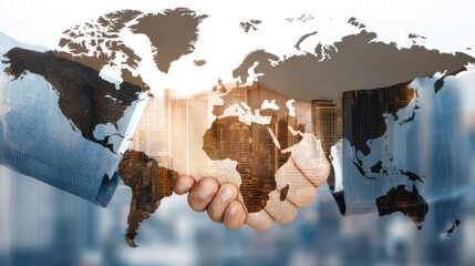 Two business people shake hands with world map and tall buildings behind, showing global partnership and city business deal concept