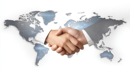 Two business people shaking hands inside a world map showing trust, unity, and global cooperation in business