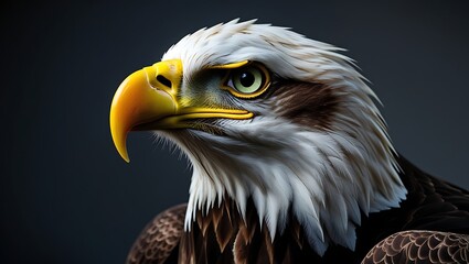 Fototapeta premium Close up portrait of a bald eagle majestic bird of prey with sharp yellow beak and intense gaze