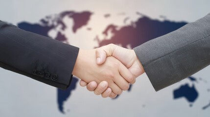Two business professionals shake hands in front of a world map, sharing a global vision and partnership for success
