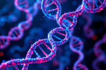 vivid illustration of glowing blue and pink dna strands intertwined, showcasing their structure, subject positioned at the top with clear copy space at the bottom.
