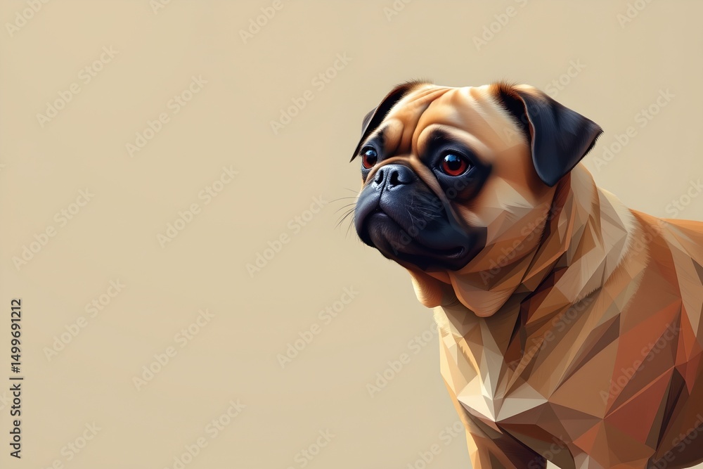 Poster abstract polygonal triangle pug dog on the right side of the frame against an open space background