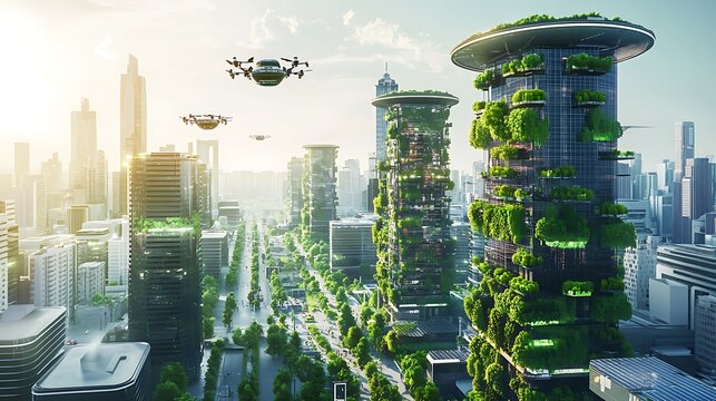 Eco-Friendly Futuristic Cityscape Sustainable Urban Design and Drone Integration