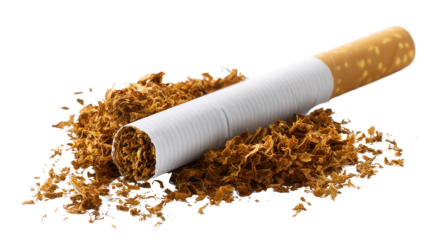 Cigarette and Tobacco: A close-up shot of a cigarette broken open, revealing its tobacco filling, scattered around it.