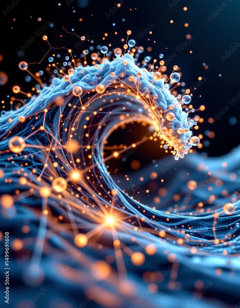 Poster abstract digital background of a wave with a network of bright particles connected by lines in 3d re