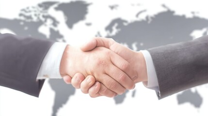 Businessmen shake hands on white background with world map behind, showing global handshake and business agreement partnership