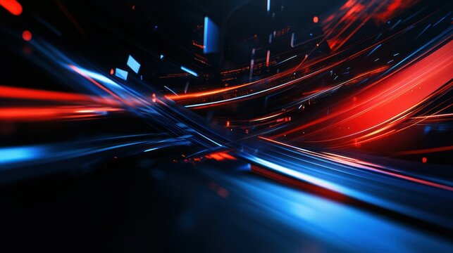 Dynamic game themed background with black, blue and red colors, abstract lines, wallpaper AI generated image