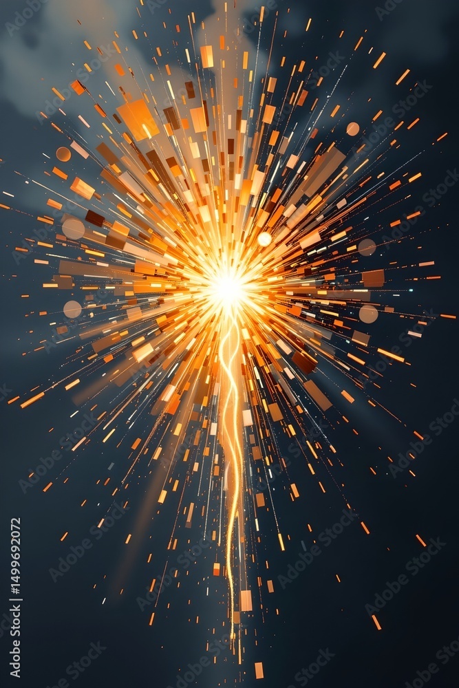 Poster abstract explosion burst of fireworks light, subject on the right with copy space on the left.