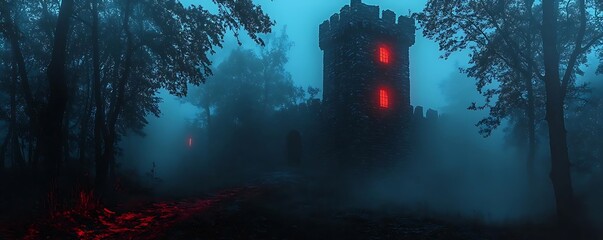 Foggy forest, tower, night, mystery. Halloween