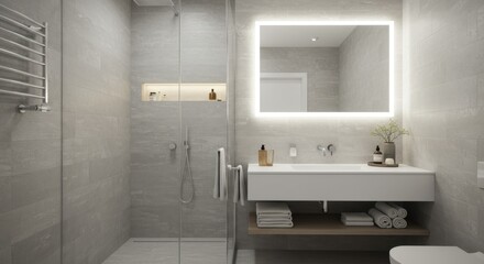A Minimalist Bathroom Design with Light Gray Tiles, a Floating White Vanity, Backlit Mirror, and Frosted Glass