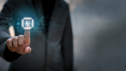 Concept for artificial intelligence, data processing, automation, innovation, and digital transformation.Businessman working with AI chip interface and big data flow structure.