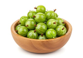 Fresh green gooseberries in wooden bowl isolated on white background