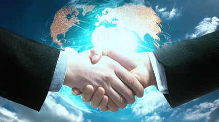 Two business people shaking hands under the sky with a globe, symbolizing global handshake and business agreement for international cooperation