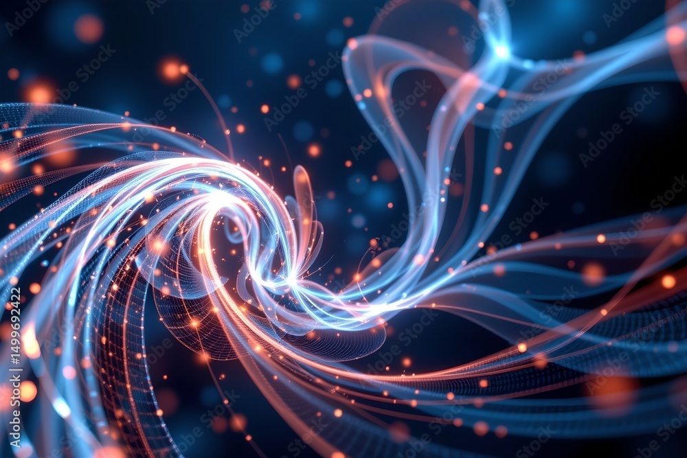 Poster create a 3d wireframe of a contour swirl on the left side of the image, set in an ethereal light sty