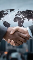 Business handshake with a global network background, showing business agreement and global handshake in worldwide cooperation