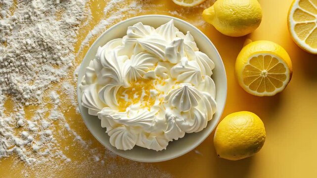 Lemon meringue dessert with flour and lemon fruits arranged on yellow background studio shot