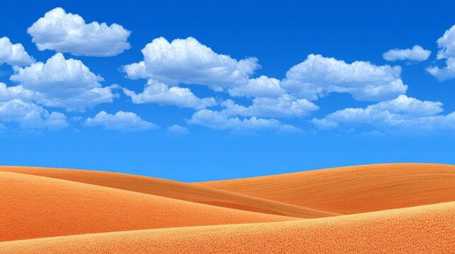 Bright blue sky with fluffy white clouds over rolling golden sand dunes