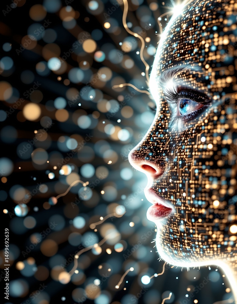 Poster luminous lines and dots form a human face on the right side of the image under pristine daylight, cl
