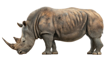 Fototapeta premium Magnificent Rhinoceros in Profile: A solitary rhinoceros stands gracefully, its formidable horn and textured hide capturing the essence of the animal's strength and resilience.