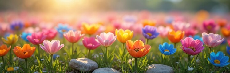 Colorful vibrant flower field in sunlight. Tulips, blue flowers, green grass on meadow. Nature floral landscape. Floral background for greeting cards invitations, summer, spring mood. Beauty,