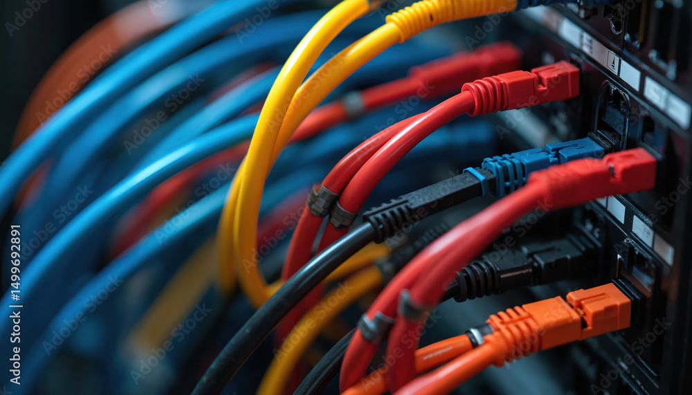 Poster close-up of patch panel, server rack with colorful network ethernet cables. data center tech with st