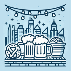 Obraz premium Beer mugs and pretzel with city skyline in festive atmosphere 