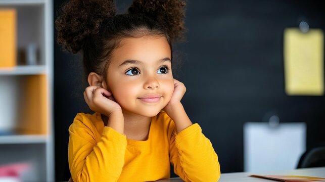 Young girl rests her face in her hands at a desk against a blackboard in a classroom setting.