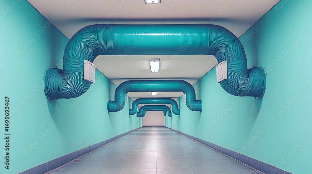 Poster abstract teal corridor with repeating ventilation pipes, creating a symmetrical and visually strikin