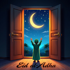 Illustration of a child celebrating Eid al-Adha looking at the moon through open doors