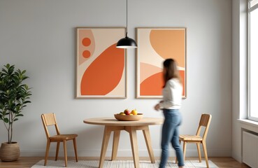 Minimalist dining room design. Round table wooden chairs and modern wall art. Woman in jeans, white shirt enters room. Home decor template. Scandinavian style apartment.