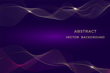 Abstract luxury golden curved overlapping lines on dark purple background. Premium design template.