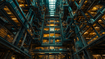 Obraz premium Intricate industrial architecture, complex network of steel structures, illuminated interior spaces, upward perspective.