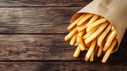 Top view of French fries in a paper bag on a wooden table