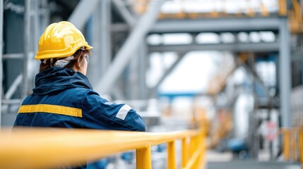 Female oil and gas worker in helmet at industrial plant, safety and industry concept