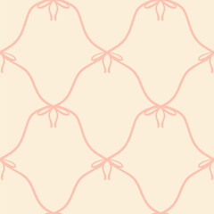 Flirty bows knitted in a mesh of diamonds. Vector seamless pattern. Preppy cute cartoon hand drawn illustration. Ideal textile printing, baby clothes, wallpaper, scrapbooking