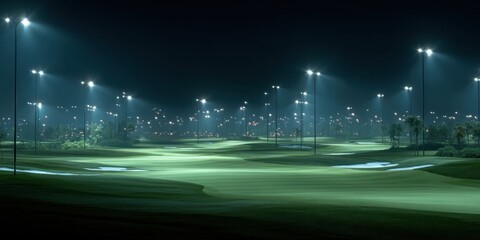 Night Golf Course with Floodlights, Glowing Balls, and Vibrant Green Fairways