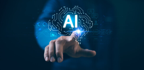 Man using hand AI, Artificial Intelligence to generate content. Text to image, speech, smart AI, by...