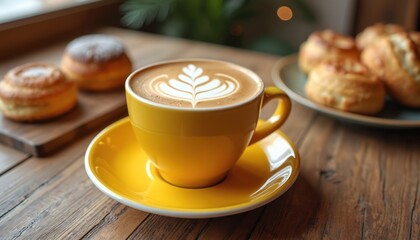 Latte art in yellow cup, rustic wooden table, pastries. Cafe offers morning breakfast, coffee break in shop with cozy atmosphere. Charming dessert scene.