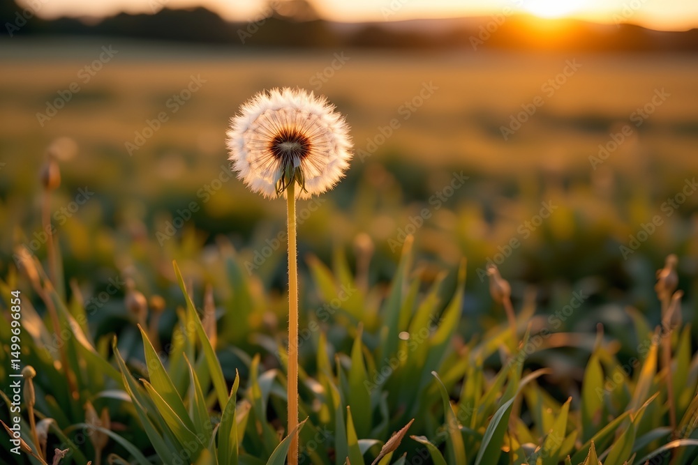 Poster dandelion in field at dawn capture a close up shot of a single dandelion standing tall in a serene f