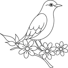 Obraz premium Line art shows a bird perched upon blooming daisies, creating a monochrome composition
