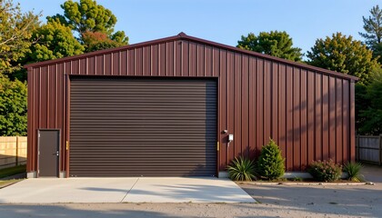 Fototapeta premium steel mercial garage building with a straight wall, subject parked on the right side, leaving ample copy space on the left for text.
