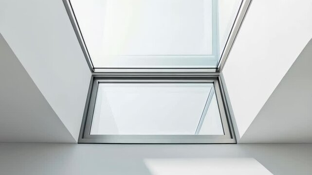 Modern automatic skylight window opening and closing, letting sunlight enter a minimalist white attic