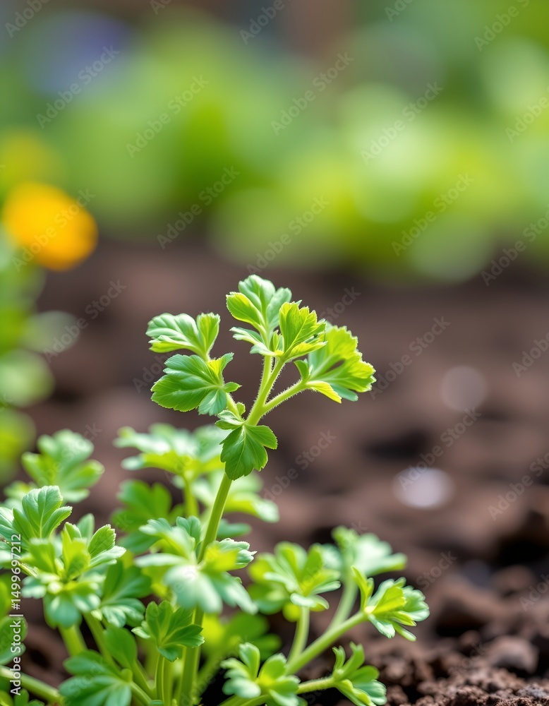 Poster close up of fresh green curly parsley plant in garden, macro shot with shallow depth of field, subje