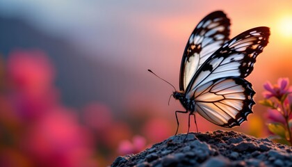 Obraz premium granite black and white butterfly with gold elements on the right side, set against vivid coral tones during golden hour, ample copy space on the left for text.